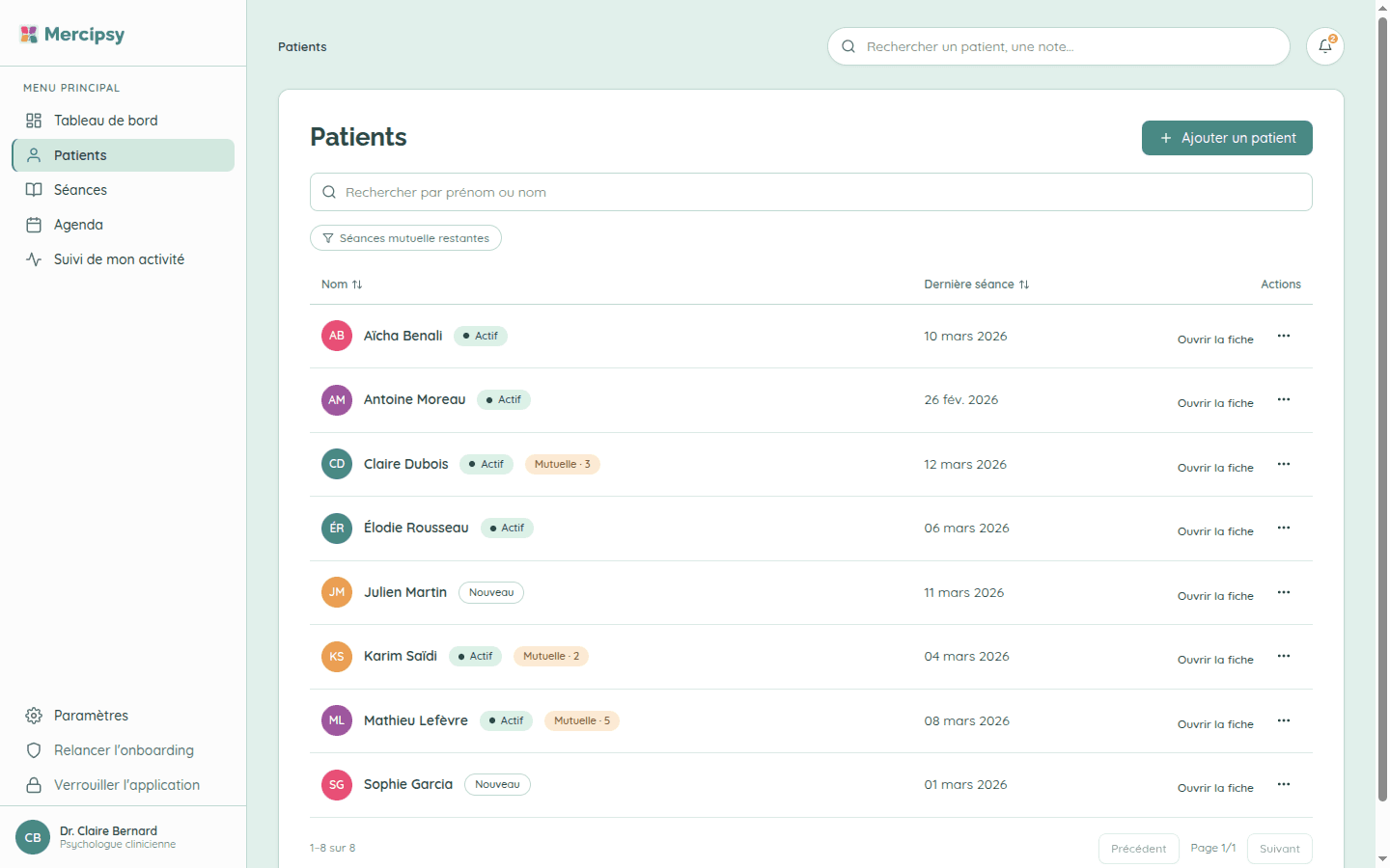 Liste des patients dans Mercipsy Cabinet