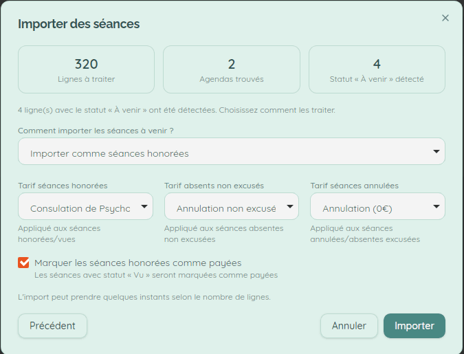 Fenêtre d'import des séances Doctolib dans Mercipsy : lignes à traiter, agendas trouvés et choix du tarif appliqué